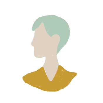 Digital chalk drawing of a person with short teal hair and a golden v-neck shirt