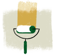 Digital chalk drawing of a green paint roller applying gold paint to a beige background