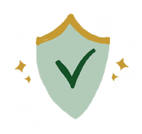 Digital chalk drawing of a teal shield with gold trim and a green checkmark inside