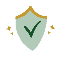 Digital chalk drawing of a teal shield with gold trim and a green checkmark inside